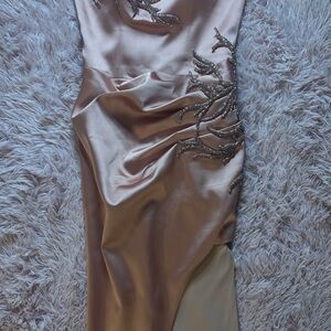 Elegant Asymmetrical Satin Dress in Pink and Cream